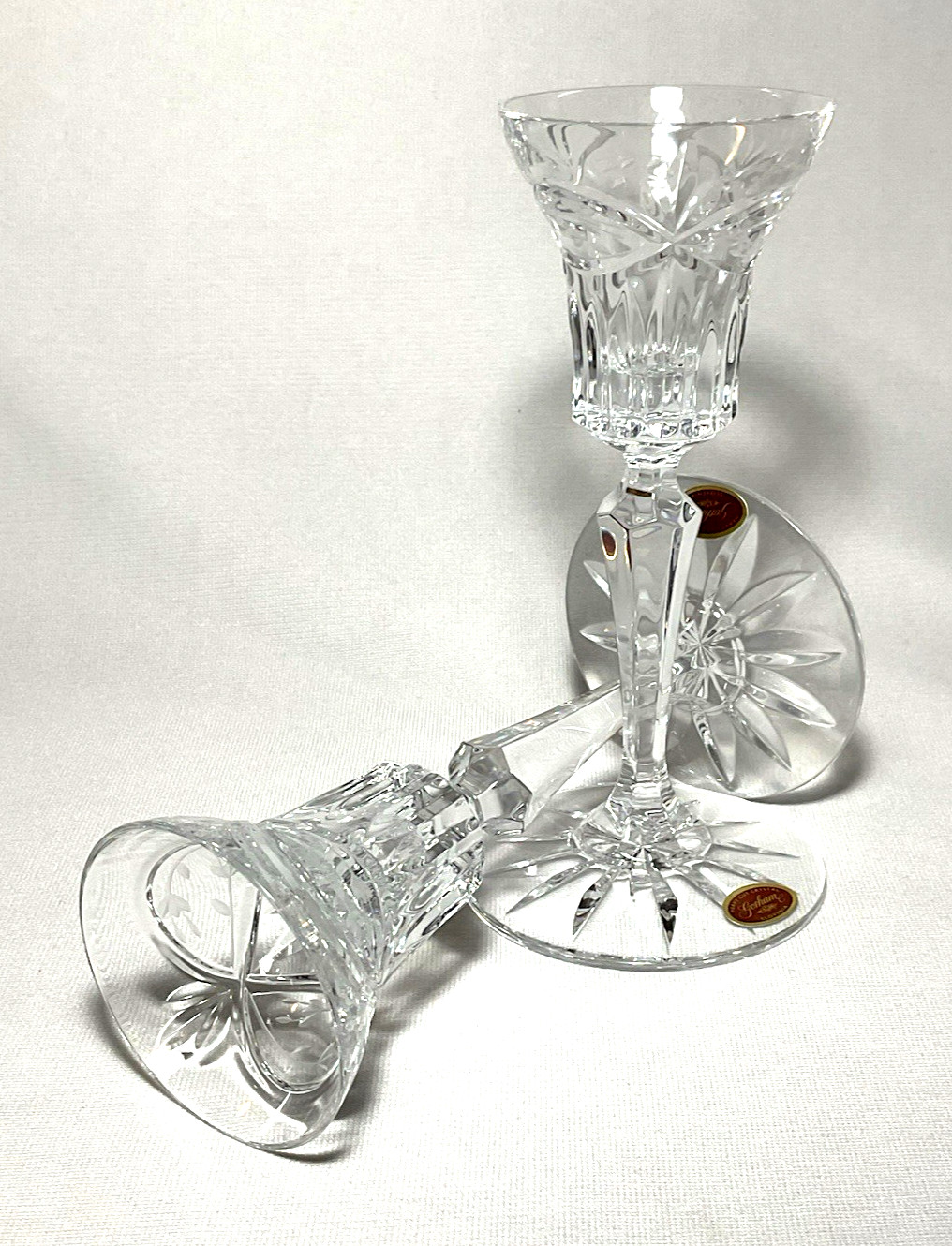 GORHAM ~ Pair of Single Light 6-3/8″ Crystal CANDLESTICKS (Victorias Garden)