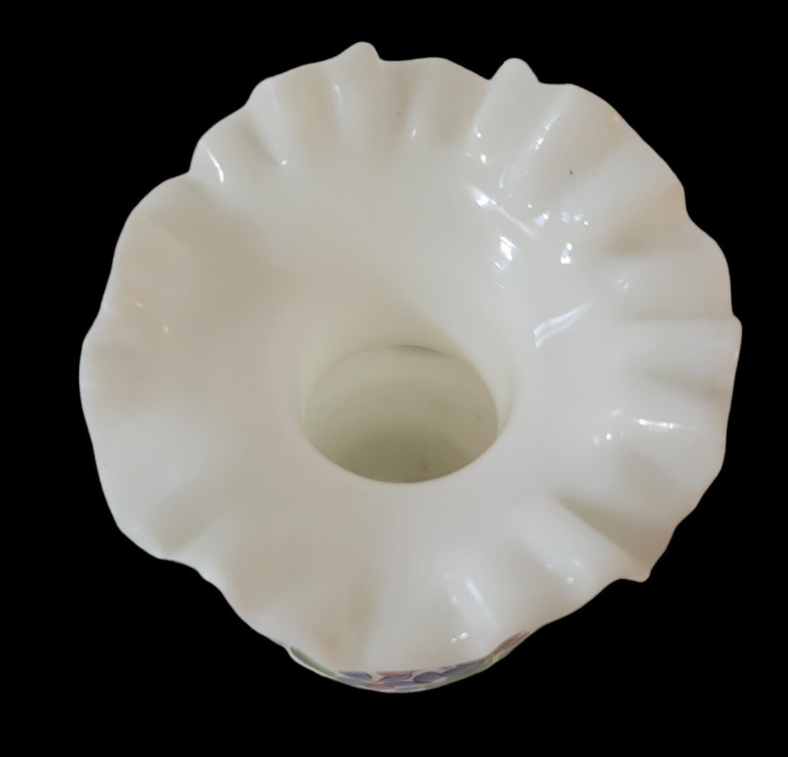 Vintage Glass Violets In The Snow Milk Glass Ruffled Edge Vase