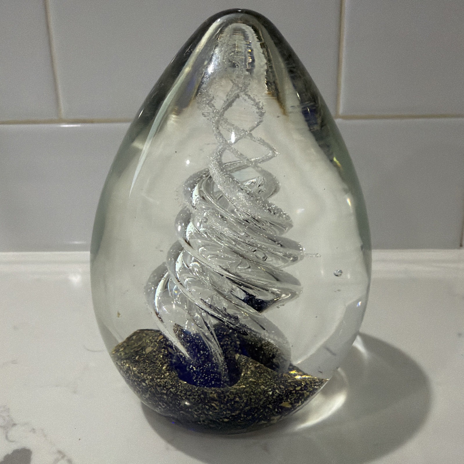 VTG Paperweight Clear Cobalt Blue with Clear Swirl Helix and Gold Flecks