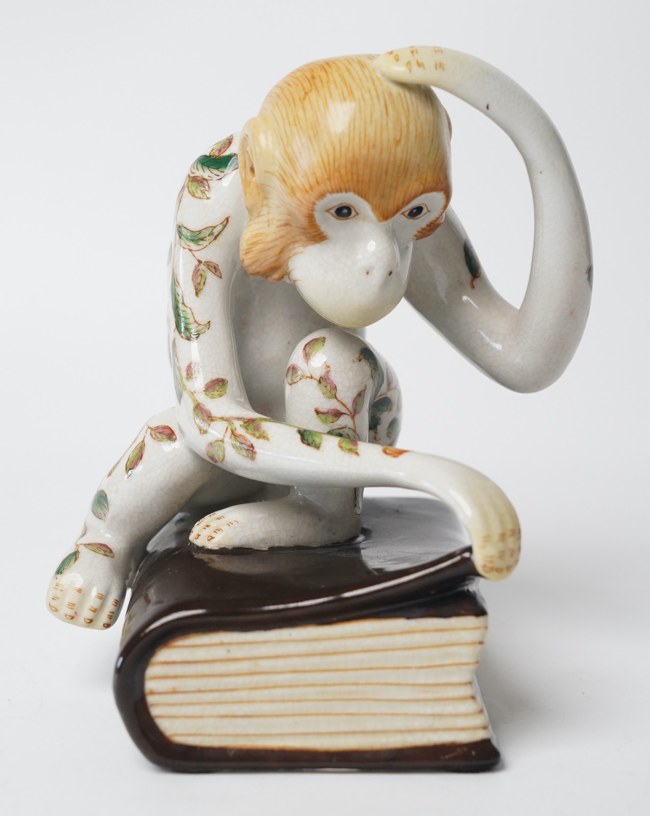 Vintage Chinese Porcelain Monkey Figurine Floral Bird Motif Paperweight