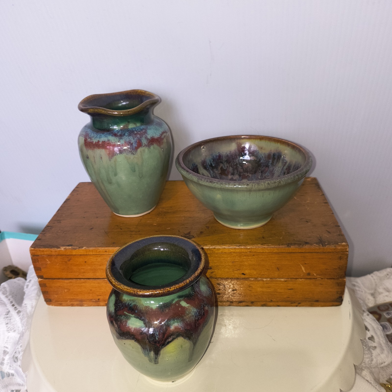 Vintage Studio Art Pottery Vases & Bowl Green & Browns Drip Glaze Set Signed RY