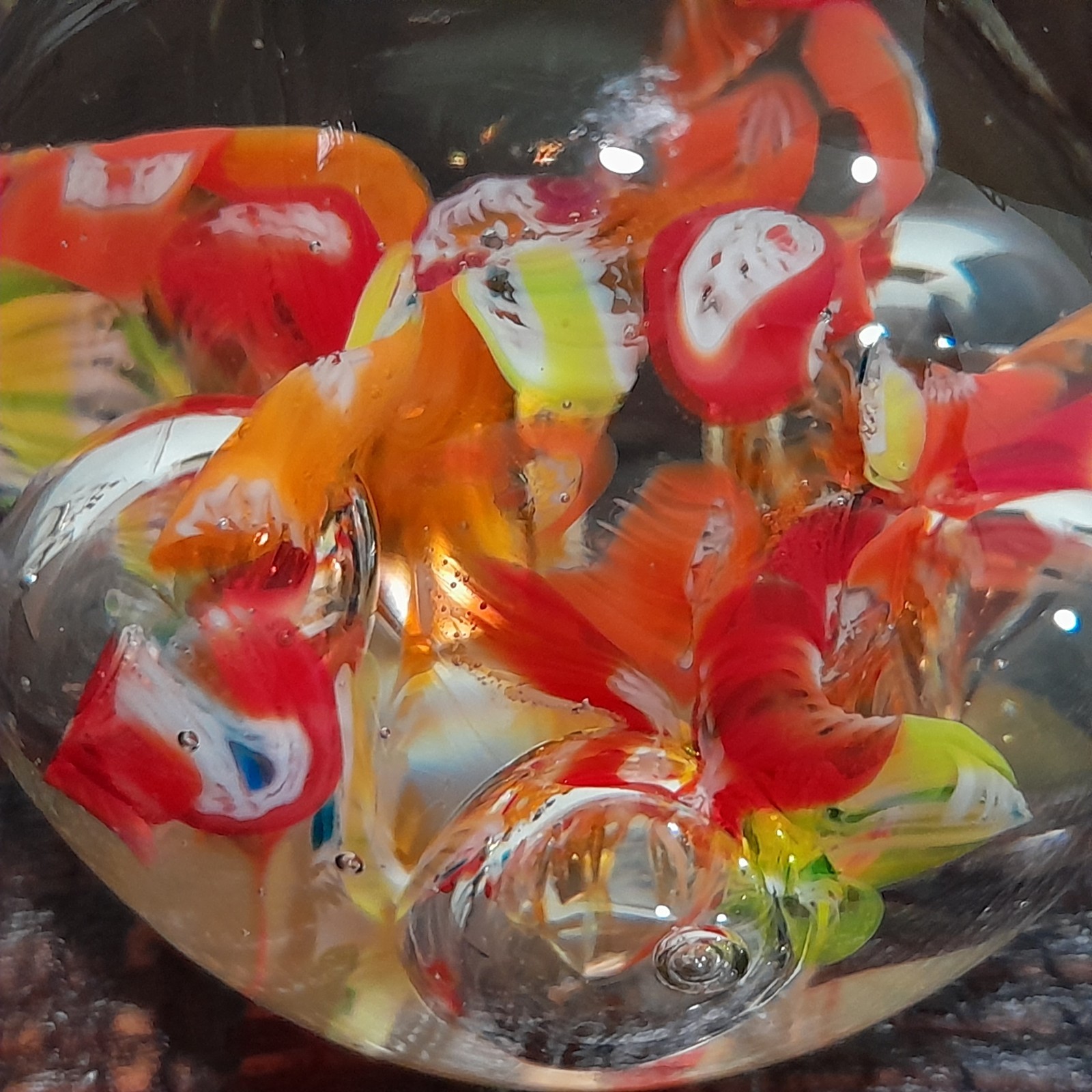 Art Glass Paperweight Round Floral Orange Yellow Red Bubbles 13oz Japan