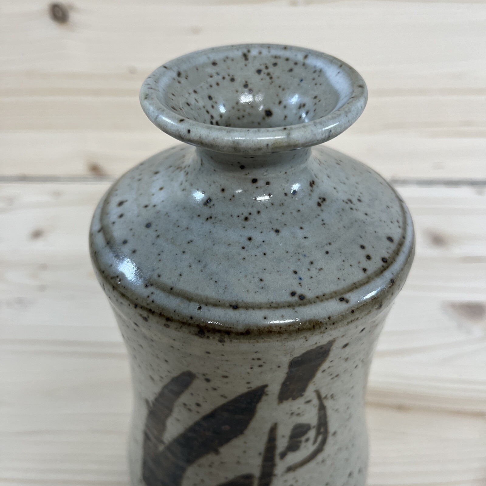 Studio Pottery Flower Vase Speckled Beige Asian Look Heavy Artist Stamped 8″