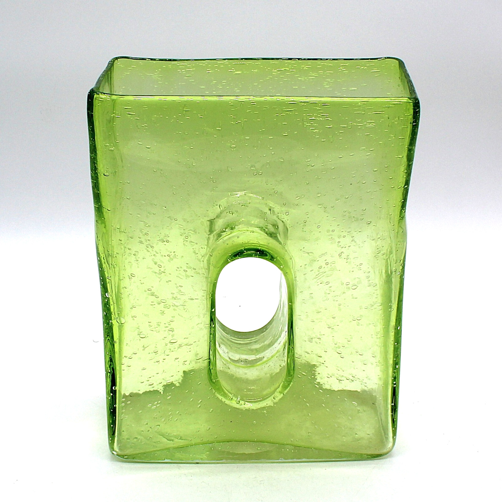 Vintage 1970s Hand Blown Green Art Glass Vase Bubbles Pulegoso Hole Thick