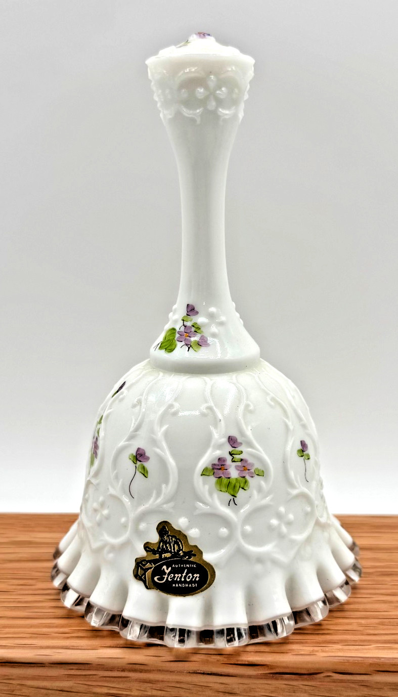 Fenton Glass Violets in Snow Spanish Lace Silver Crest Bell Artist Signed