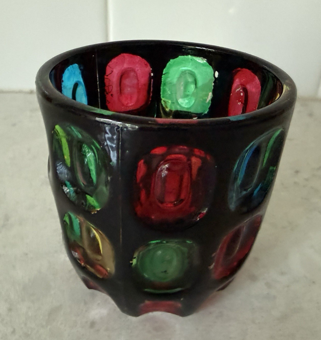 Vintage Japanese Bond Ware Glass Vase Votive Pressed Art Glass MCM Colorful