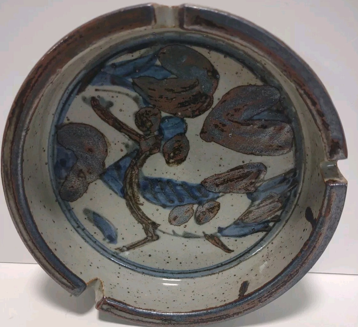 Vintage Stoneware Ashtray Bird & Floral Glaze 5.75″ Tabletop Pottery Unbranded