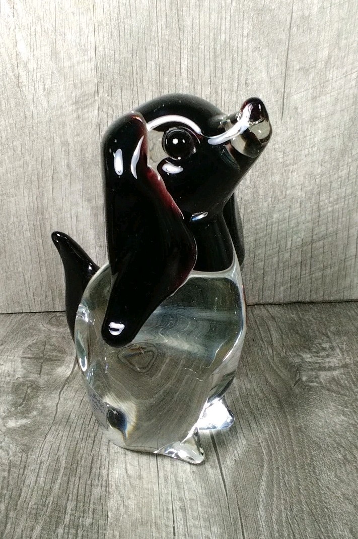 Murano Style Art Glass Hand Blown Dog Statue Label Cristal Amethyst Accents6.5″