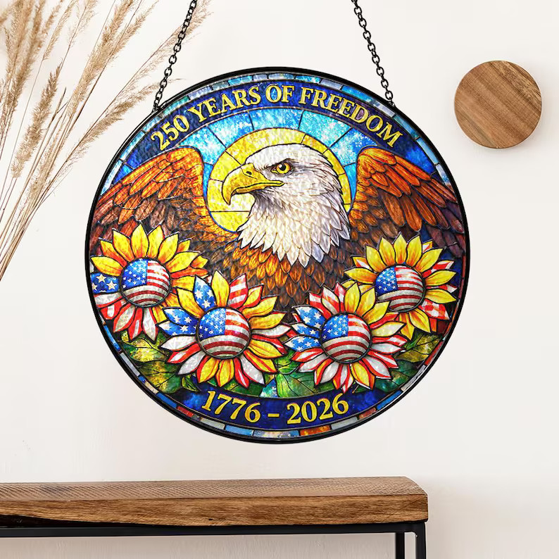 Years of Freedom Sunflower Eagle Patriotic Suncatcher Glass