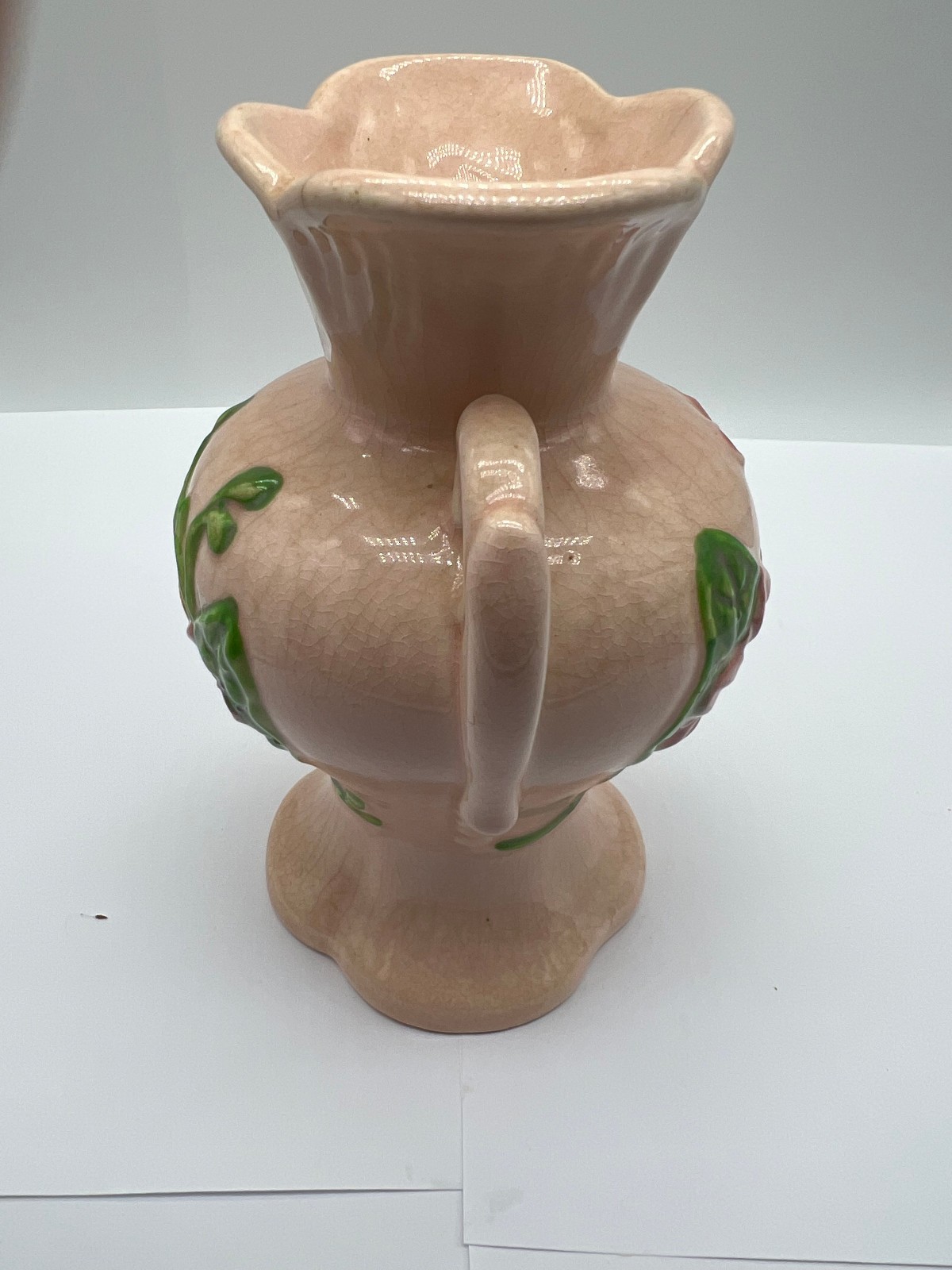 Vtg HULL Art Pottery Flower Vase Handles Pink Magnolia H-4-6 1/2″ In Glaze USA