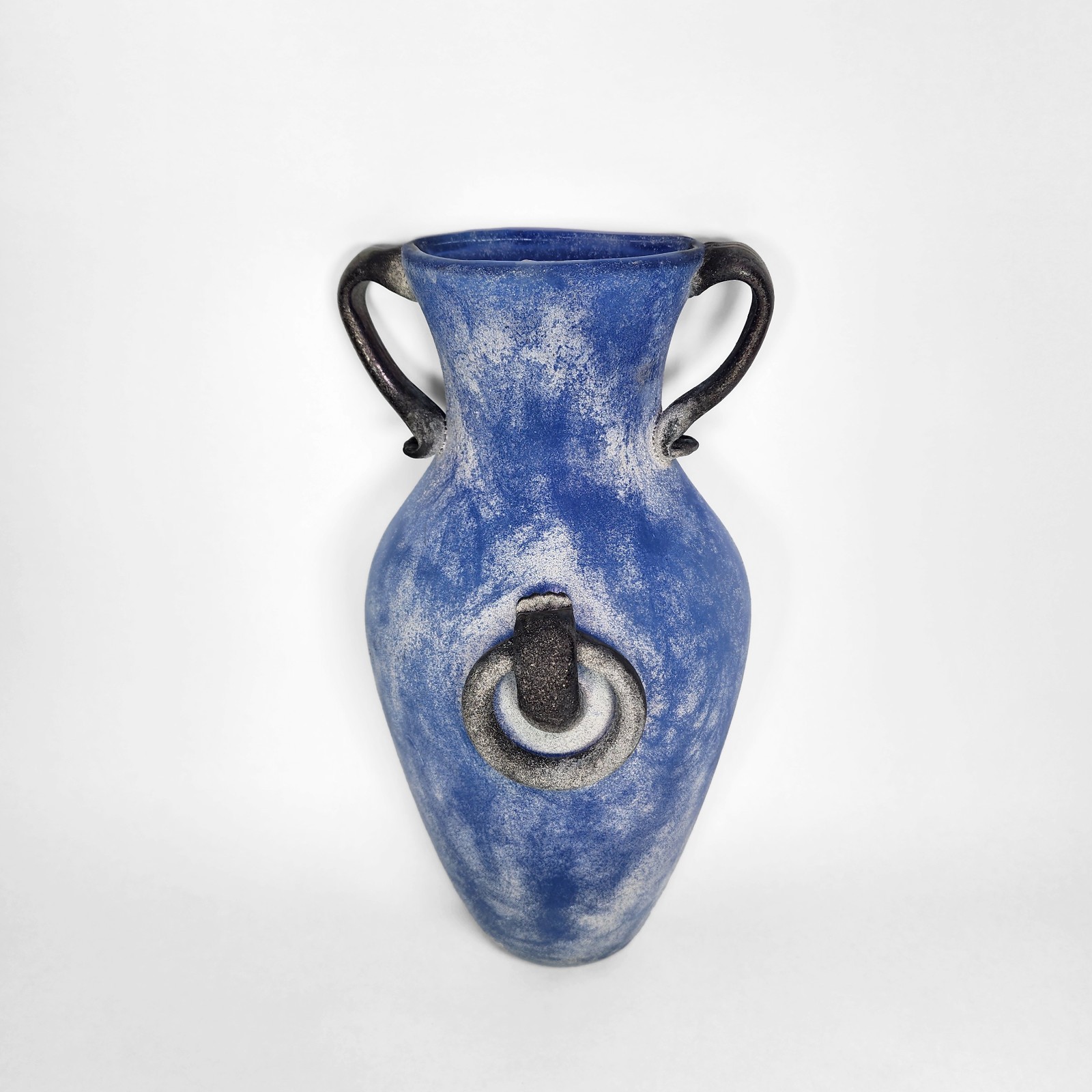 Blue Art Glass Wall Pocket Vase Design Guild Amphora Romania Corroso Greco-Roman