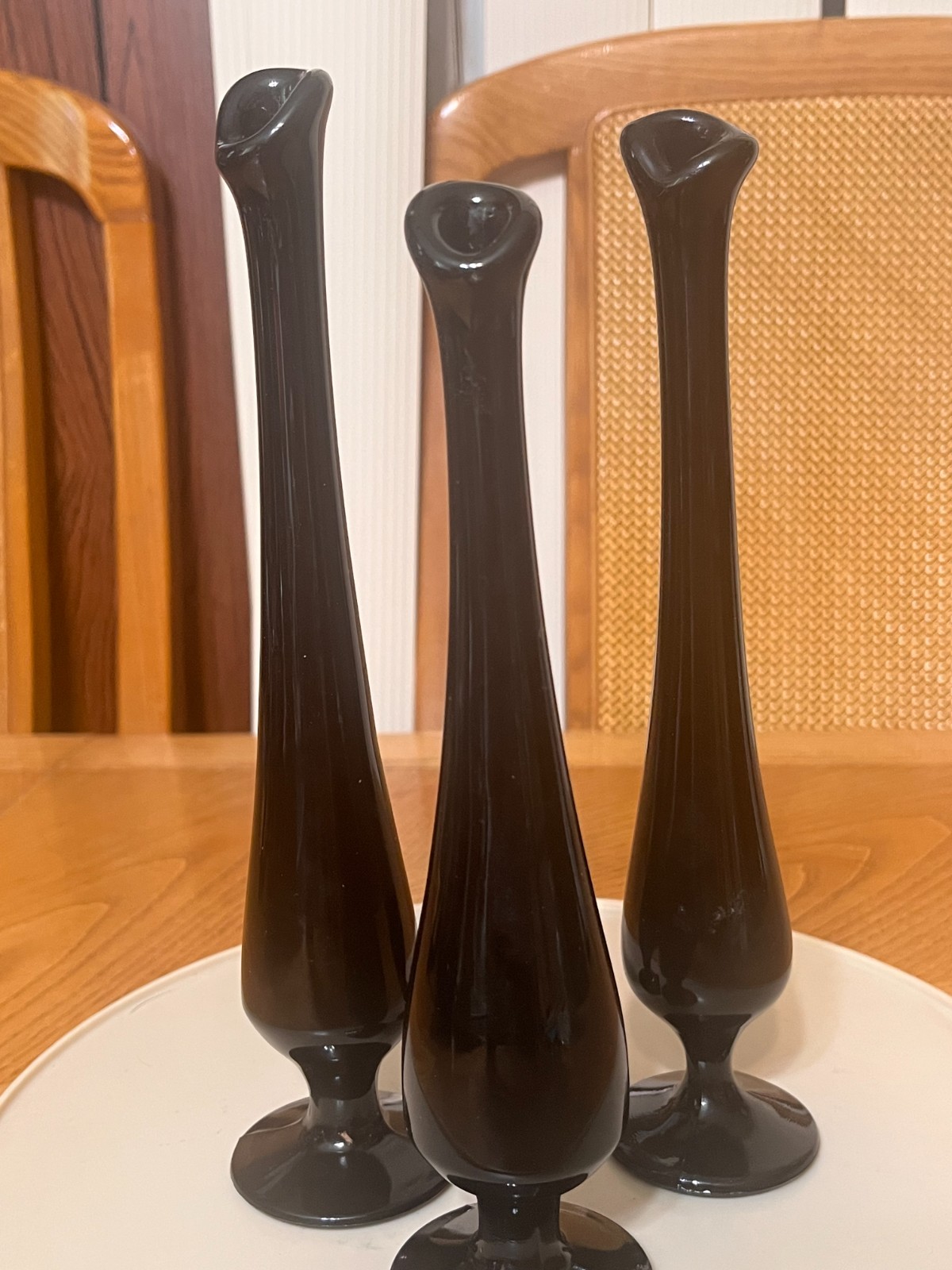 VINTAGE LOT OF THREE BLACK EBONY GLASS MCM BUD VASES 9 1/2″, 9″, 8 1/2″