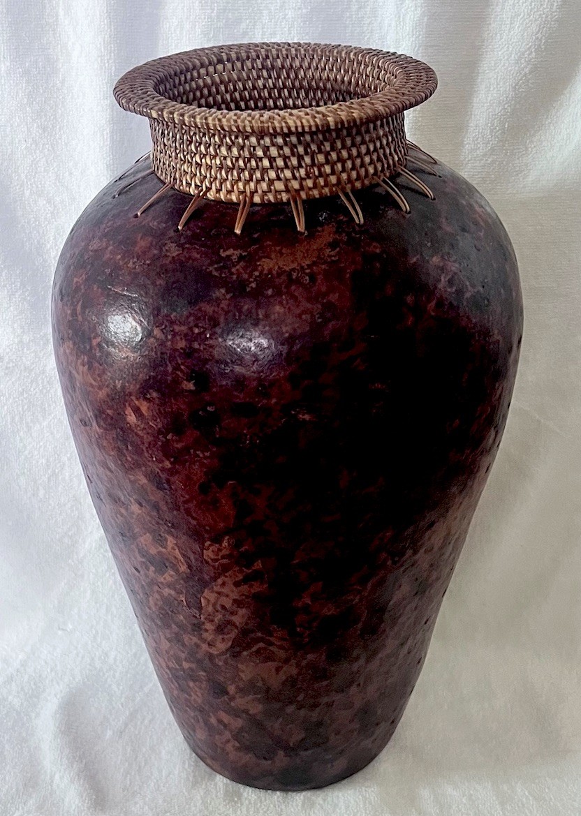 LARGE Indonesian Vase Terracotta & Woven Rattan Lombok 15” x 8″ Hand Painted