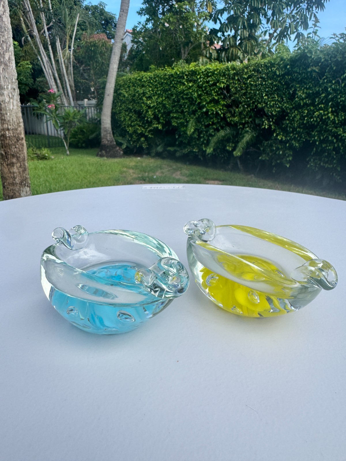 Joe St Clair Art Glass Ashtray Paperweight Pair Blue Yellow Floral Bubble Label