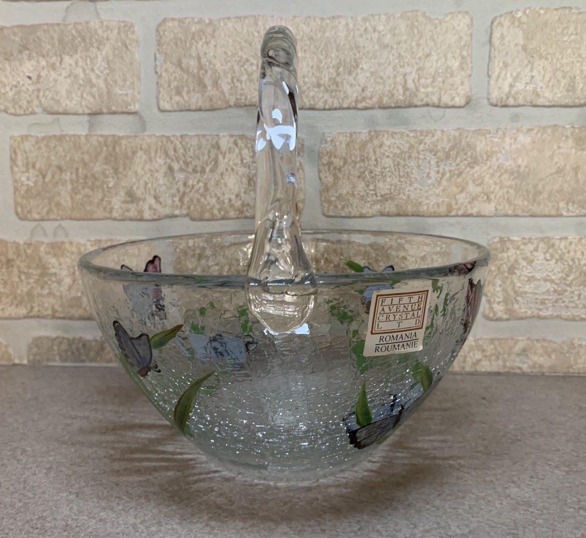 Vintage Fifth Avenue Crystal LTD Romania Crackle Glass Butterfly Basket