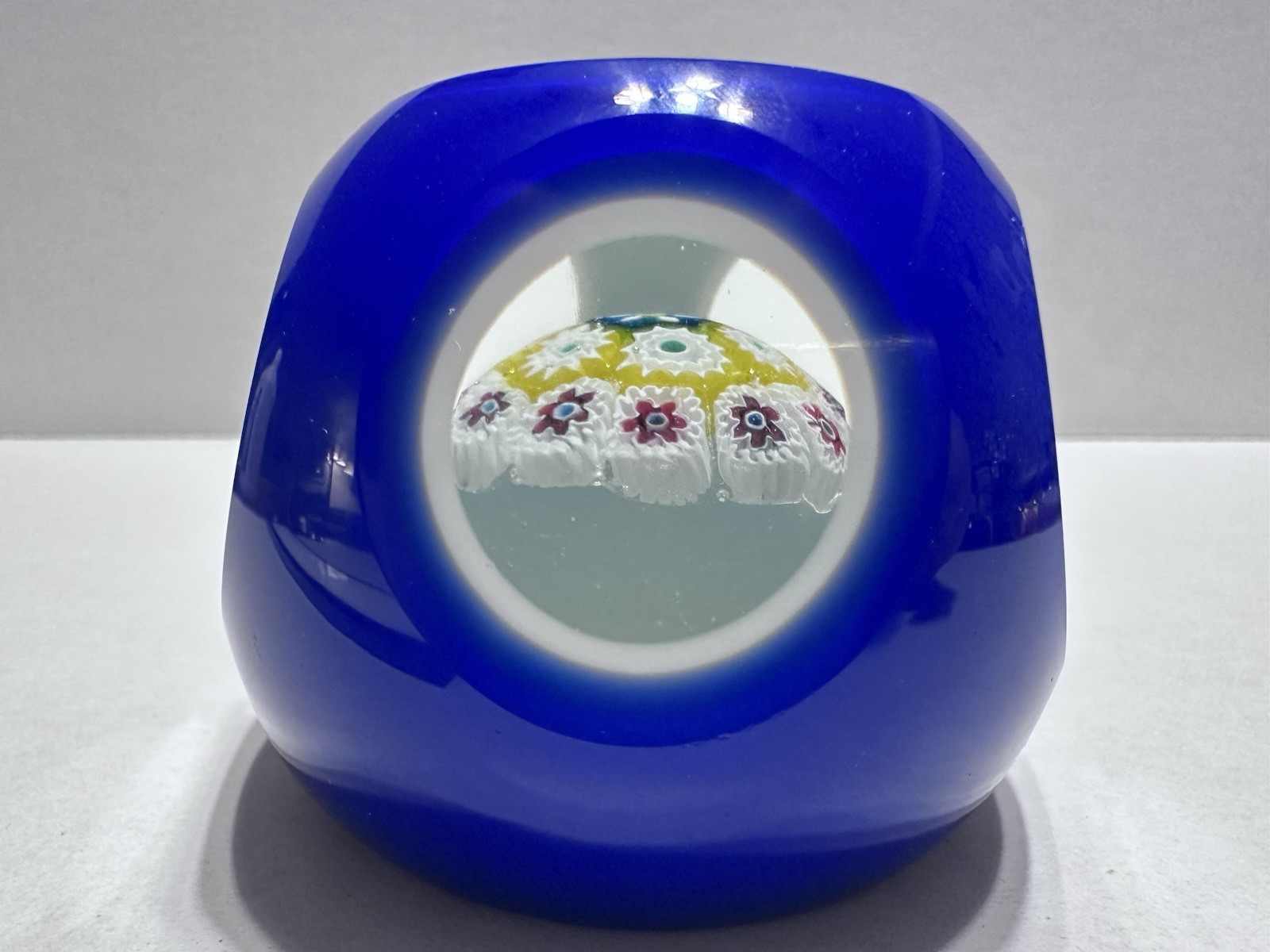 Blue Multicolor Art Glass Millefiori Floral Flower Paperweight, Glossy Finish