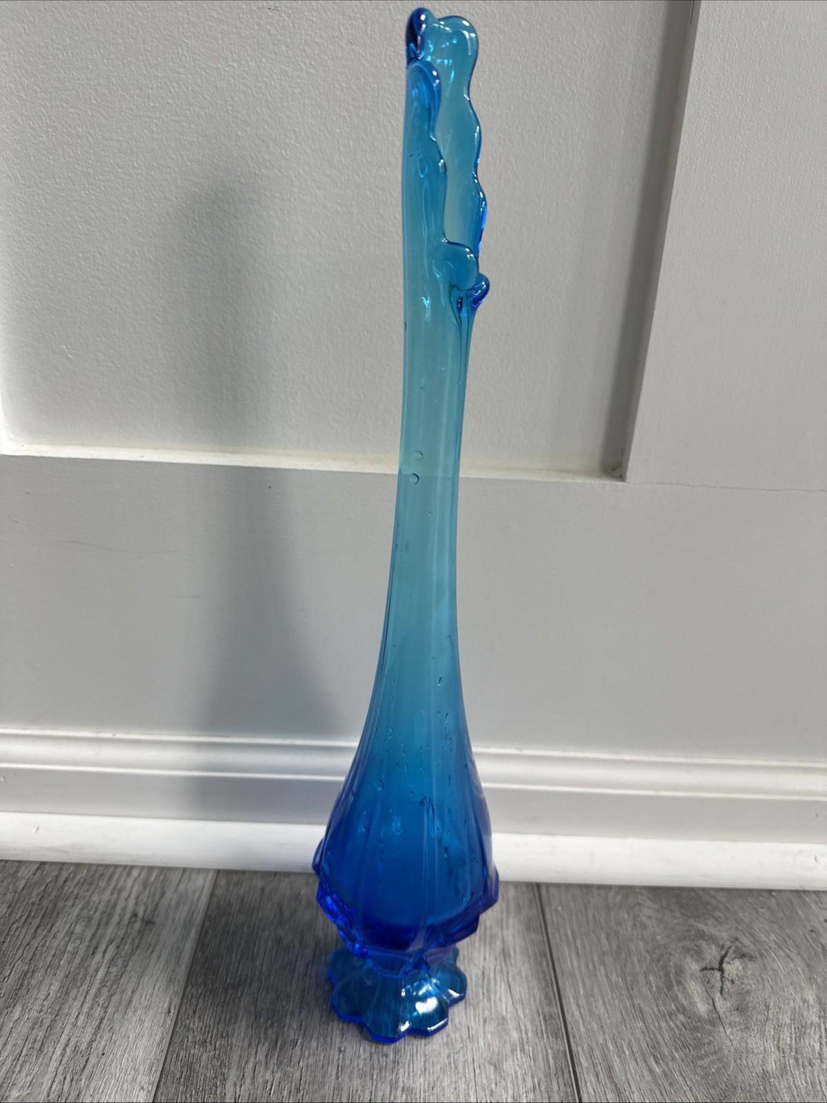 Vintage Valencia Fenton Colonial Blue Art Glass Swung Vase 15.75” Tall Pedestal