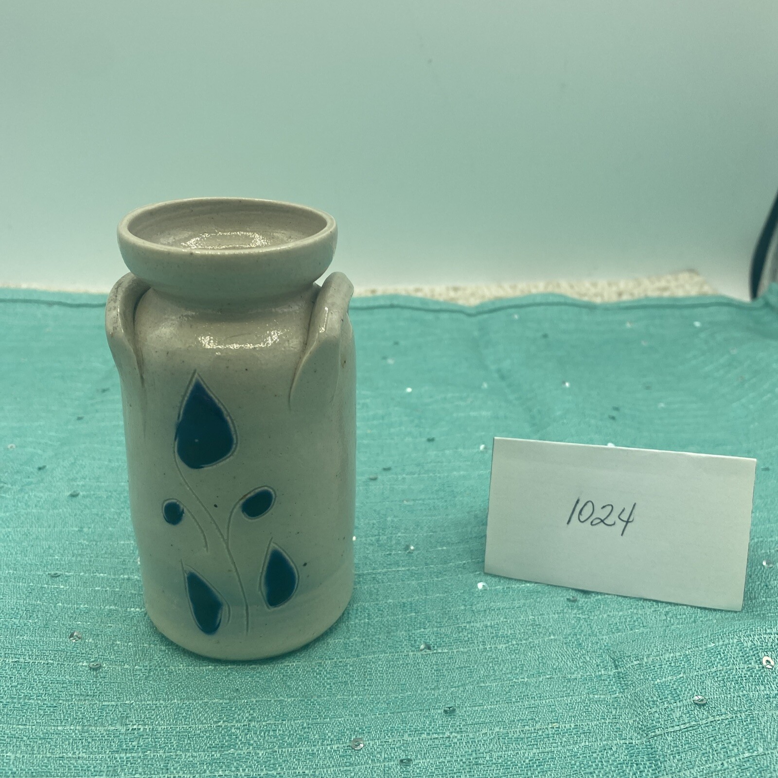 Pottery Jug/Milk Can Vase 4 Inches Tall Gray With Cobalt Blue Leaves