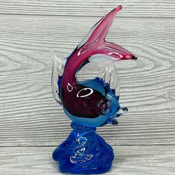 Murano Venetian red and blue blown glass jumping fish decoration figurine statue