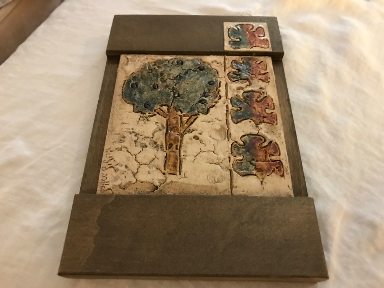 mid century modern signed tile art pottery plaque trees leaves abstract unknown