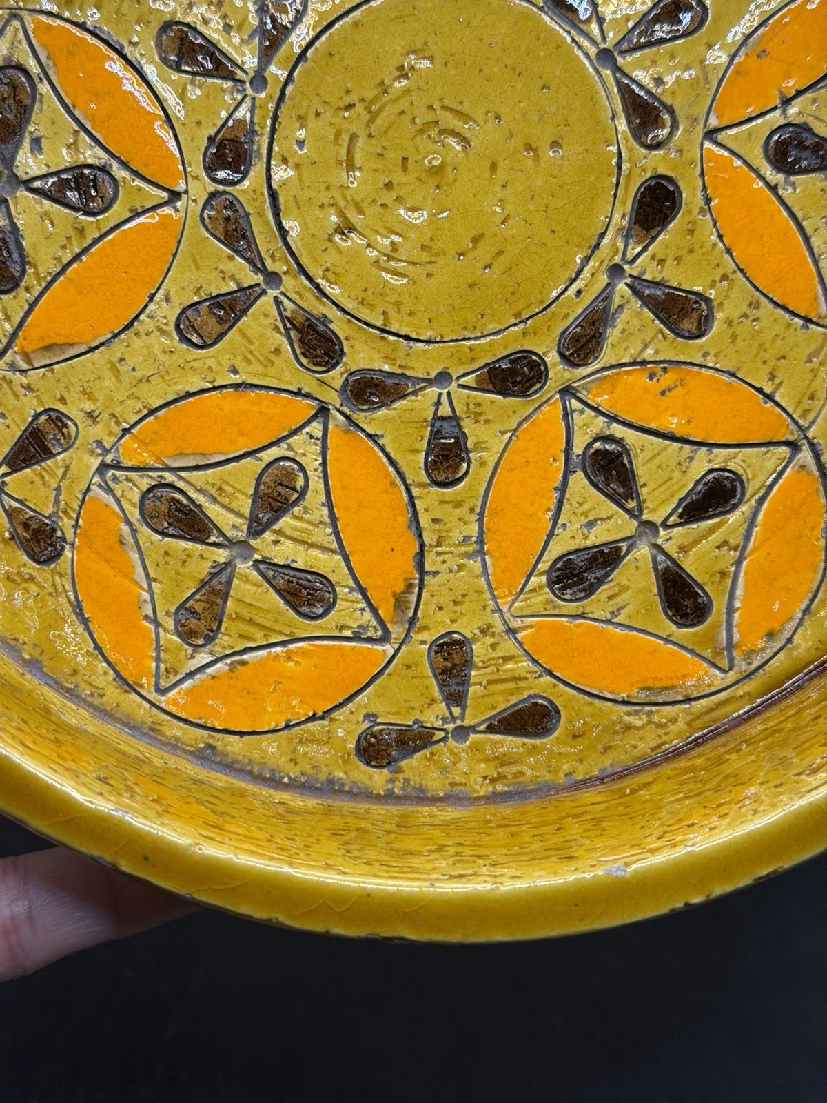 VTG RARE 1960’s MCM Bitossi Ashtray Mustard Yellow Orange Geometric Pattern 8″