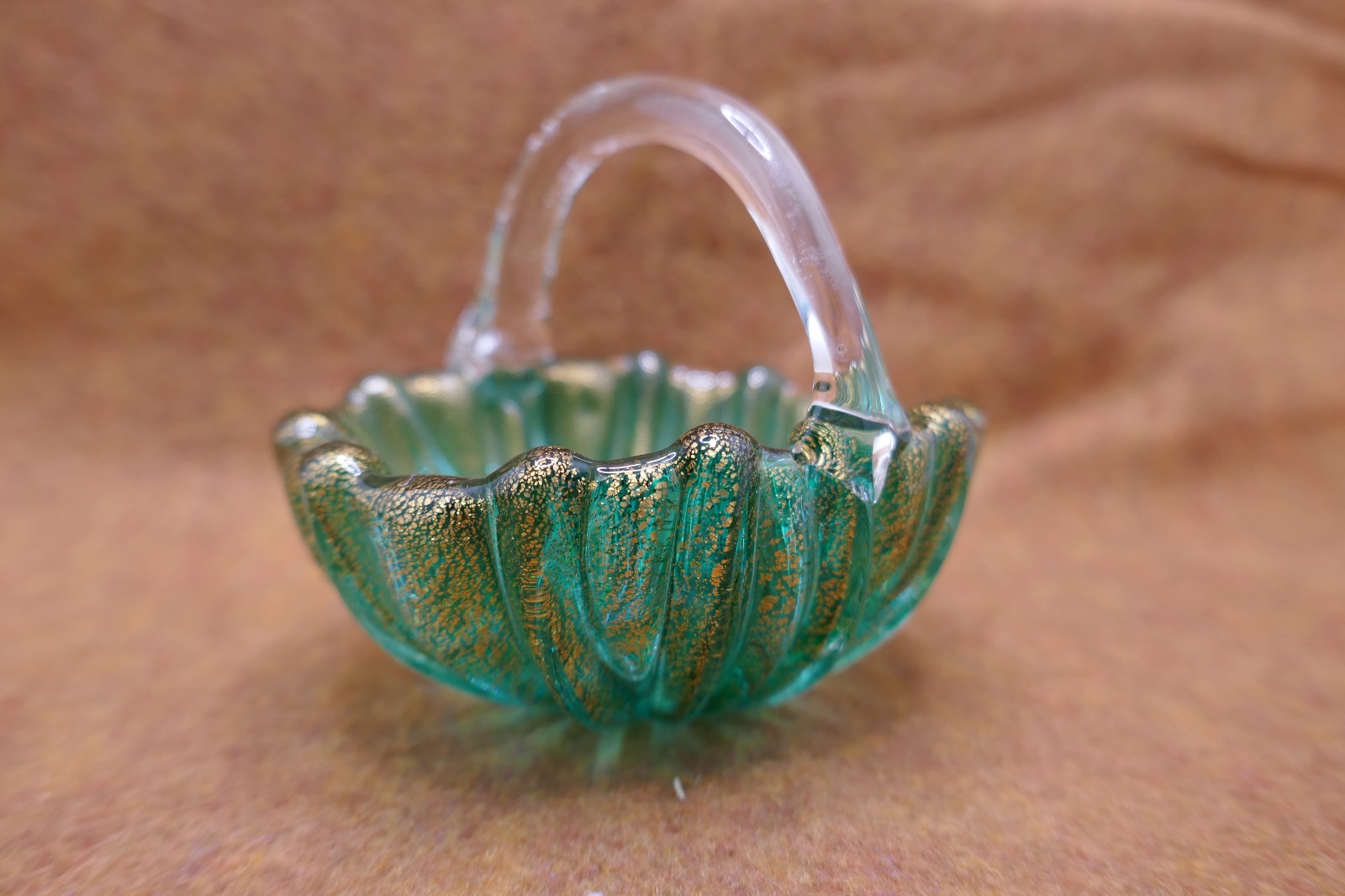 Beautiful Vintage Murano Handmade Teal & Gold Glass Basket – Barovier & Toso?