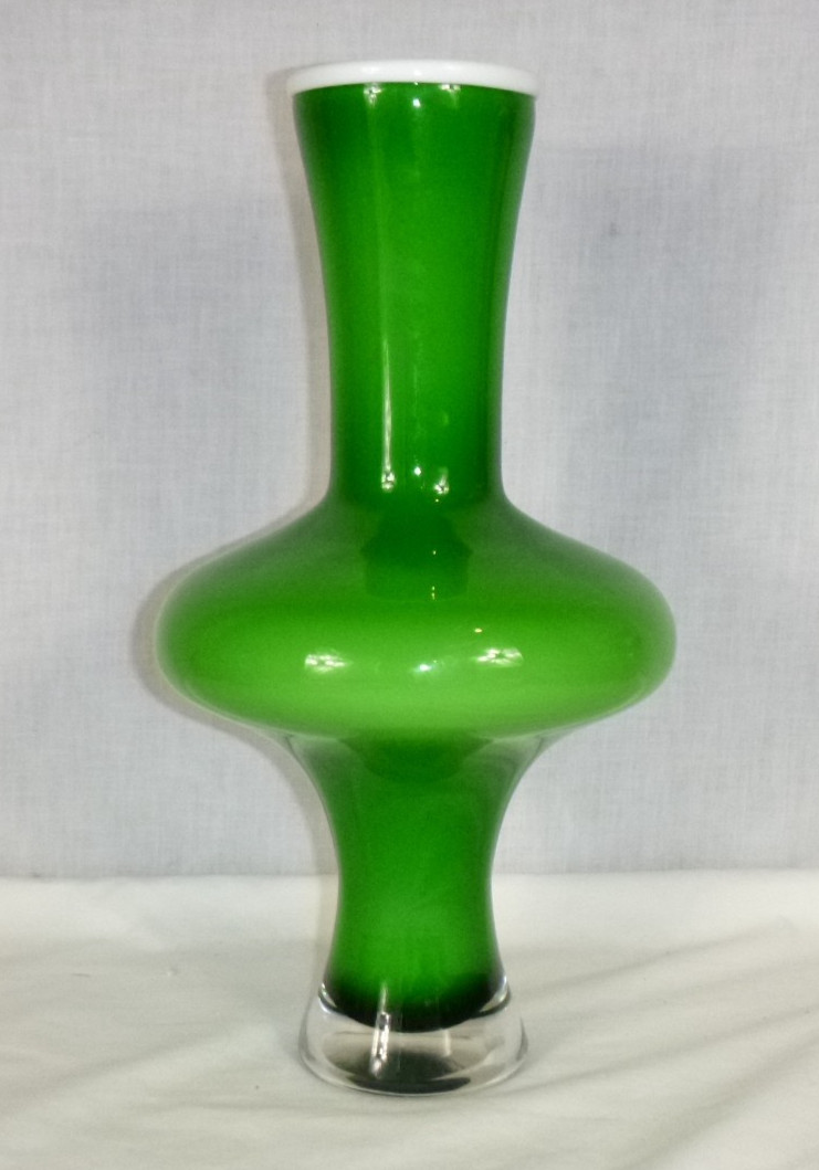 Vtg Holmegaard Style Cased Glass Hooped Lime Green & White UFO Vase 13.25″ H