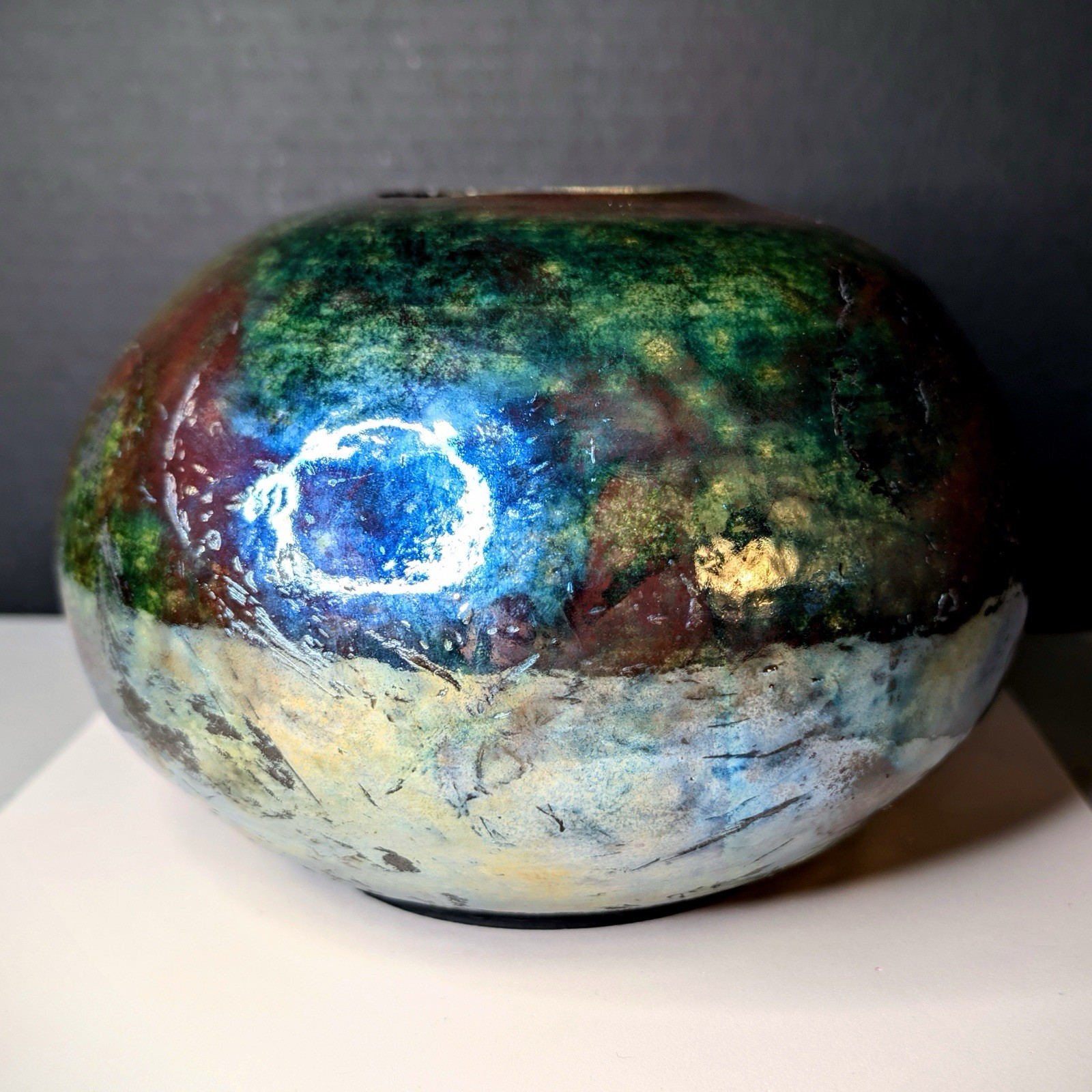 Medium Glazed Raku Vessel MultiTonal Iridescent Finish Metallic Copper Teal Gold