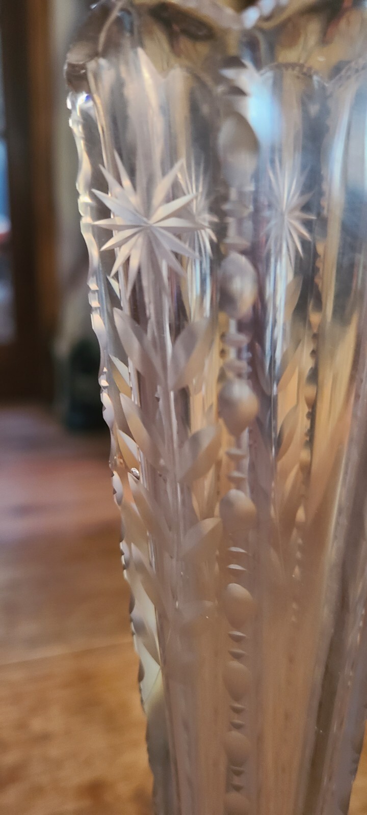 Antique Trumpet Vase Art Nouveau Cut Glass Etched Flower 10.5 In Glows A Bit