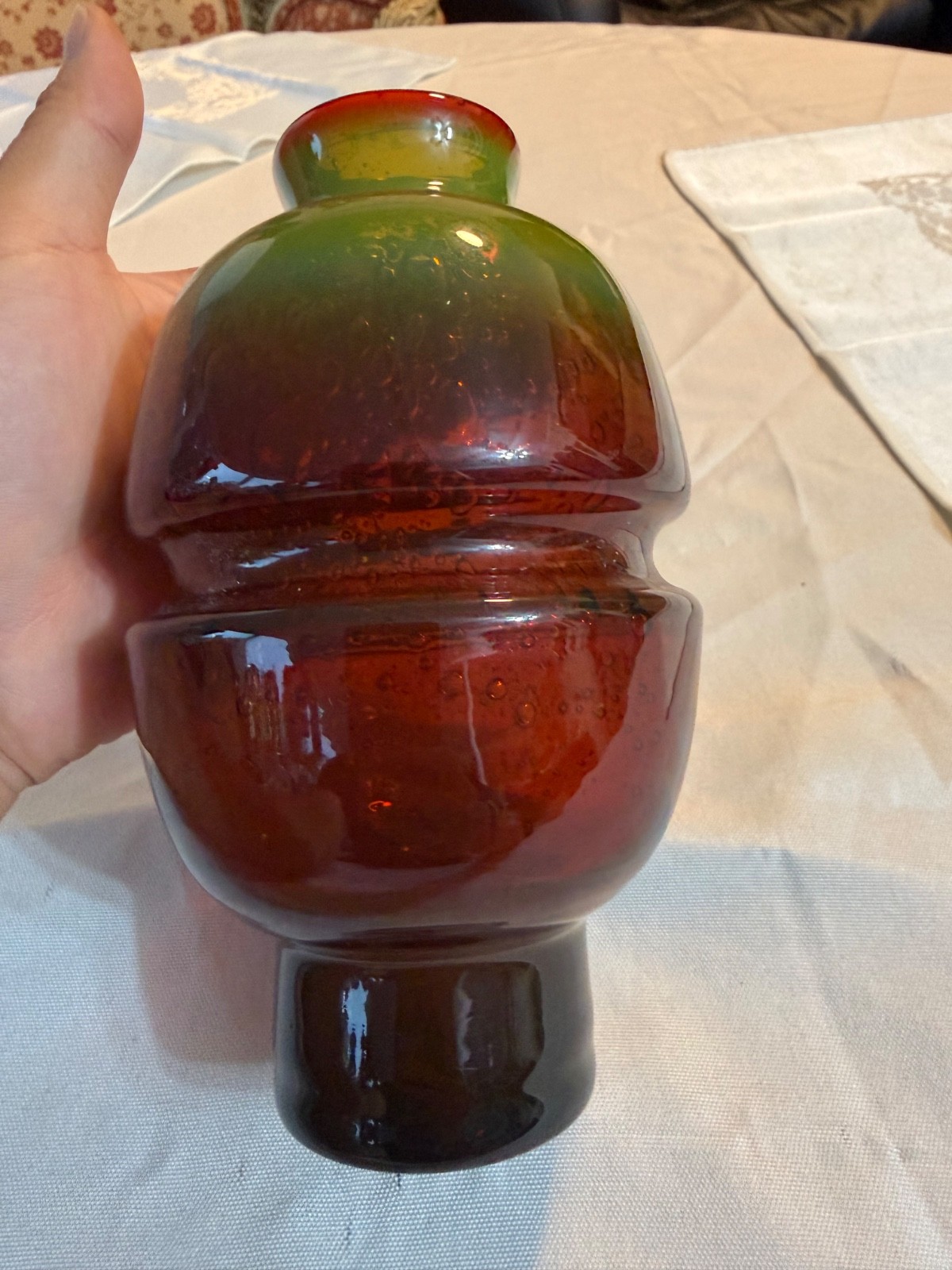 Vintage MCM Art Glass Vase Controlled Bubble Multi Color Tiered Ground Base 7″