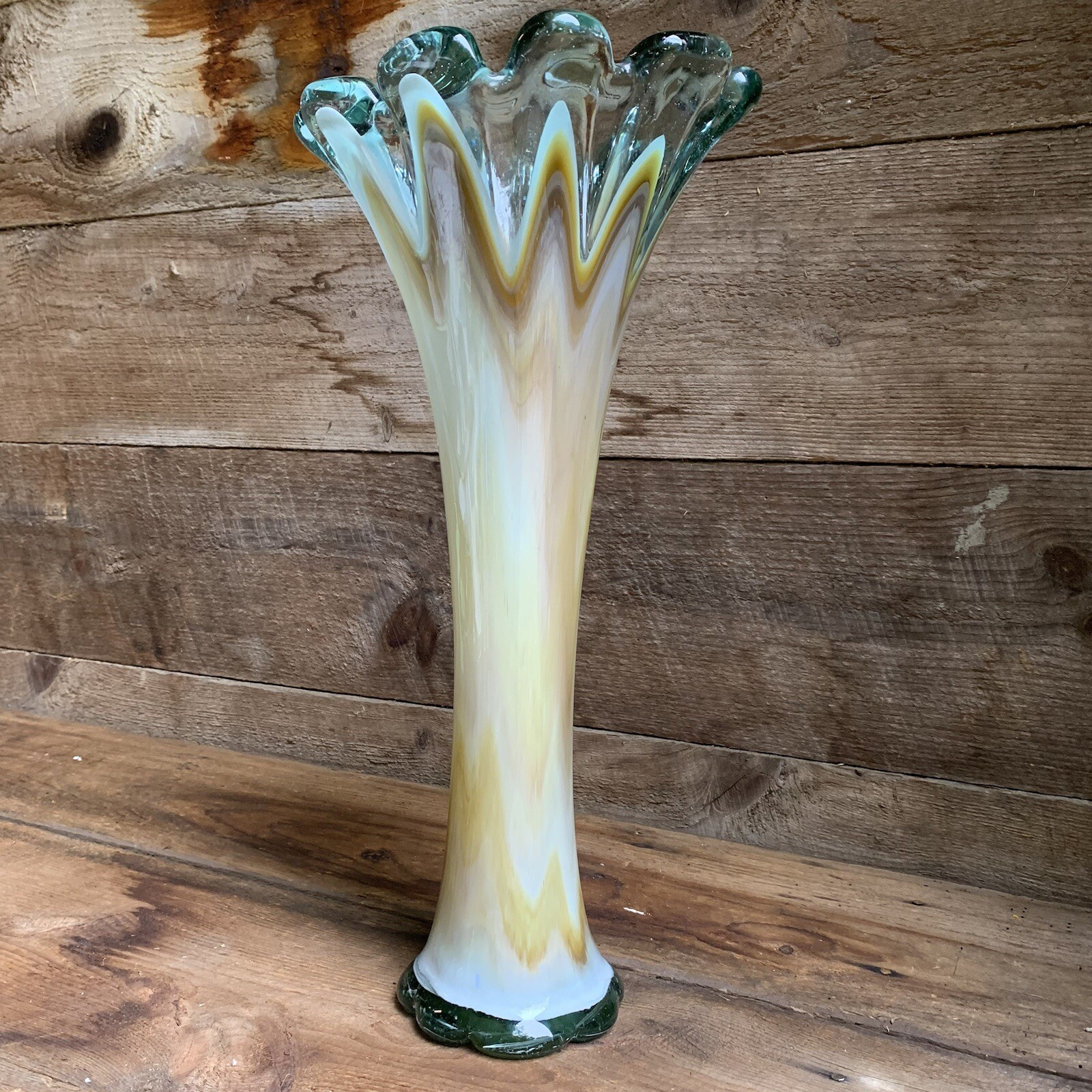 Vase 16” Tall Swung Art Glass Finger Whites & Browns Tablescaping