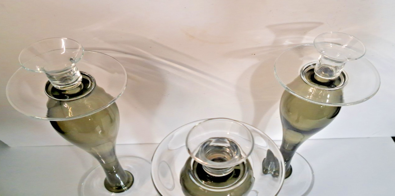 Candlestick Holders Poland Hand Blown Glass Set of 3 VTG Smoke Gray 15″X5″ MCM
