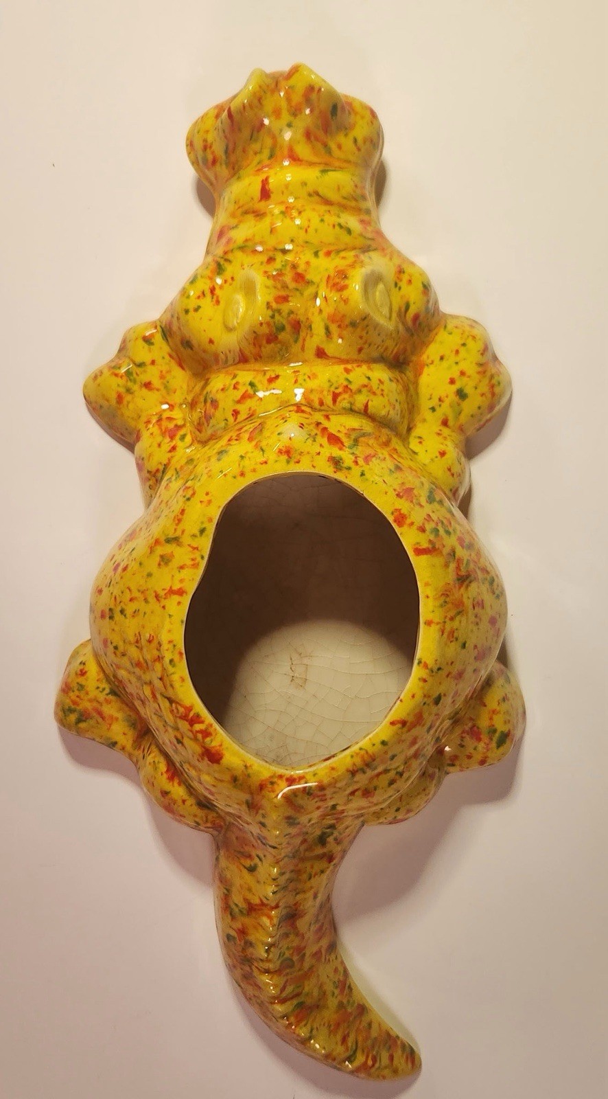 Cute Vintage Alligator Pottery Planter yellow speckled orange and green