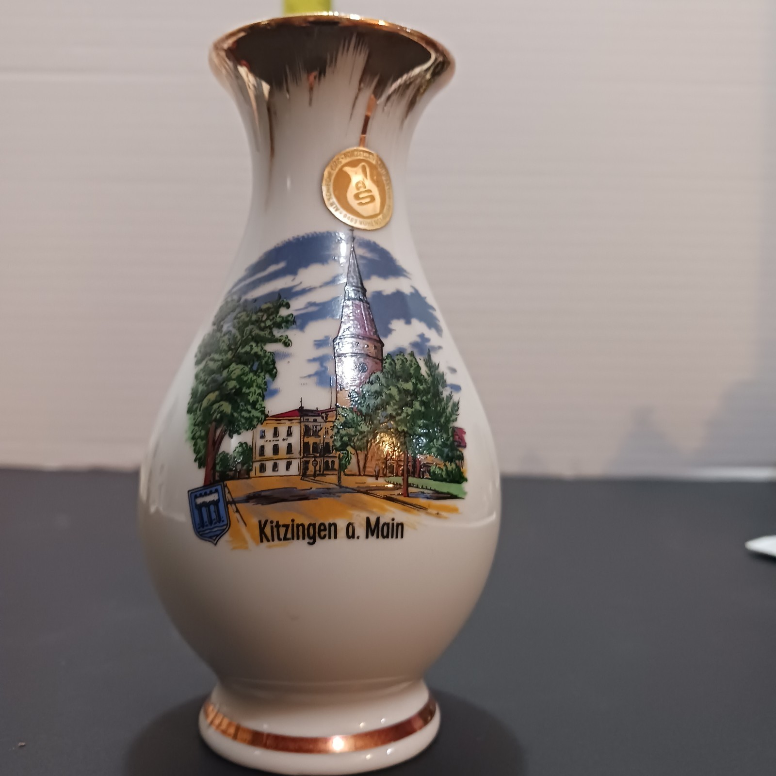 German Souvenir Vase White Gold Trim Pictorial Kitzingen a. Main 6 in