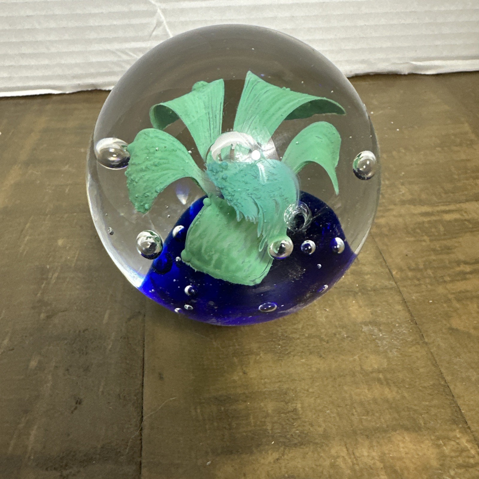 Art Glass Floral Green/Blue Flower Paper Weight Controlled Bubbles