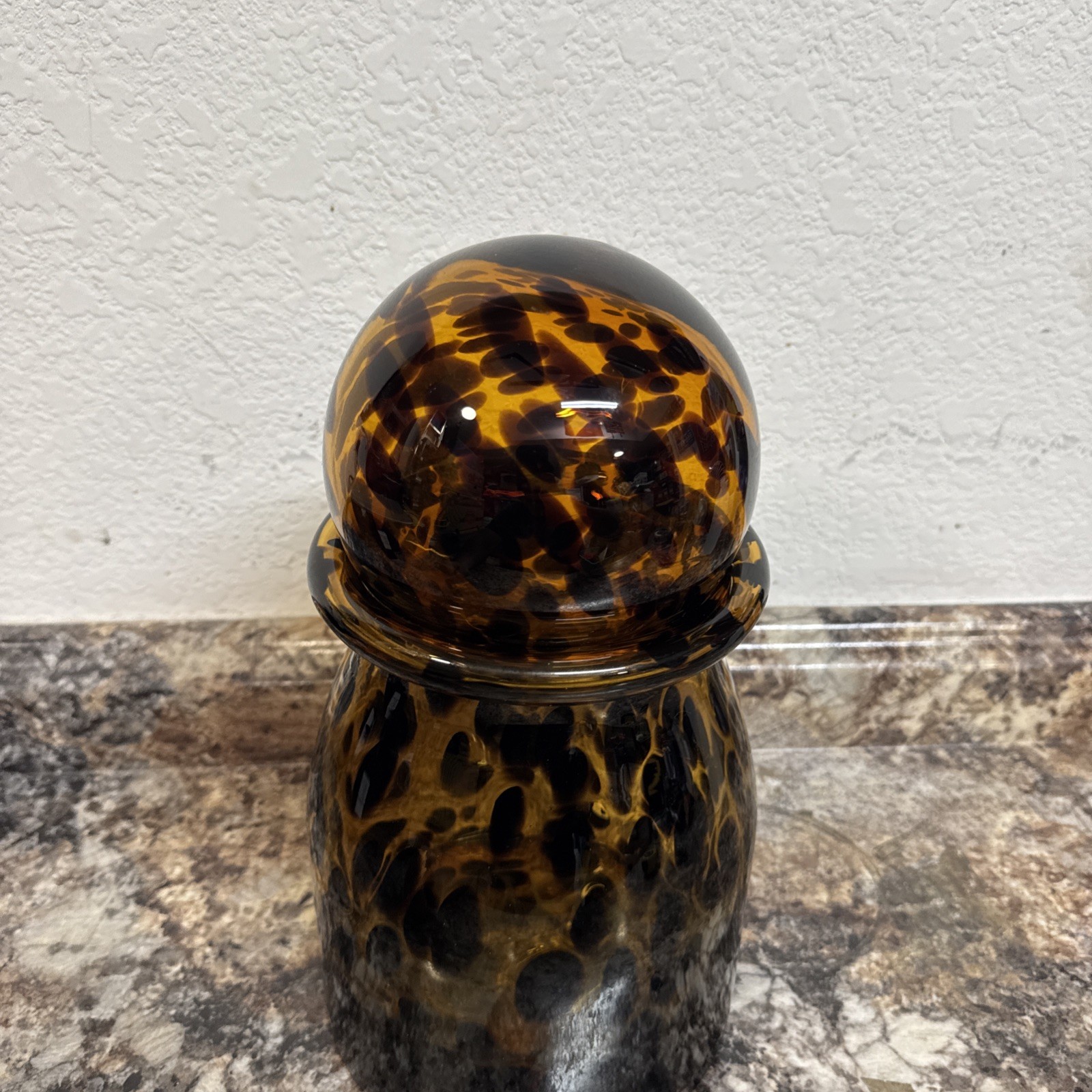 Vintage Amber Tortoise Spotted Art Glass Vase – Hand-Blown MCM Round Topper 12.5