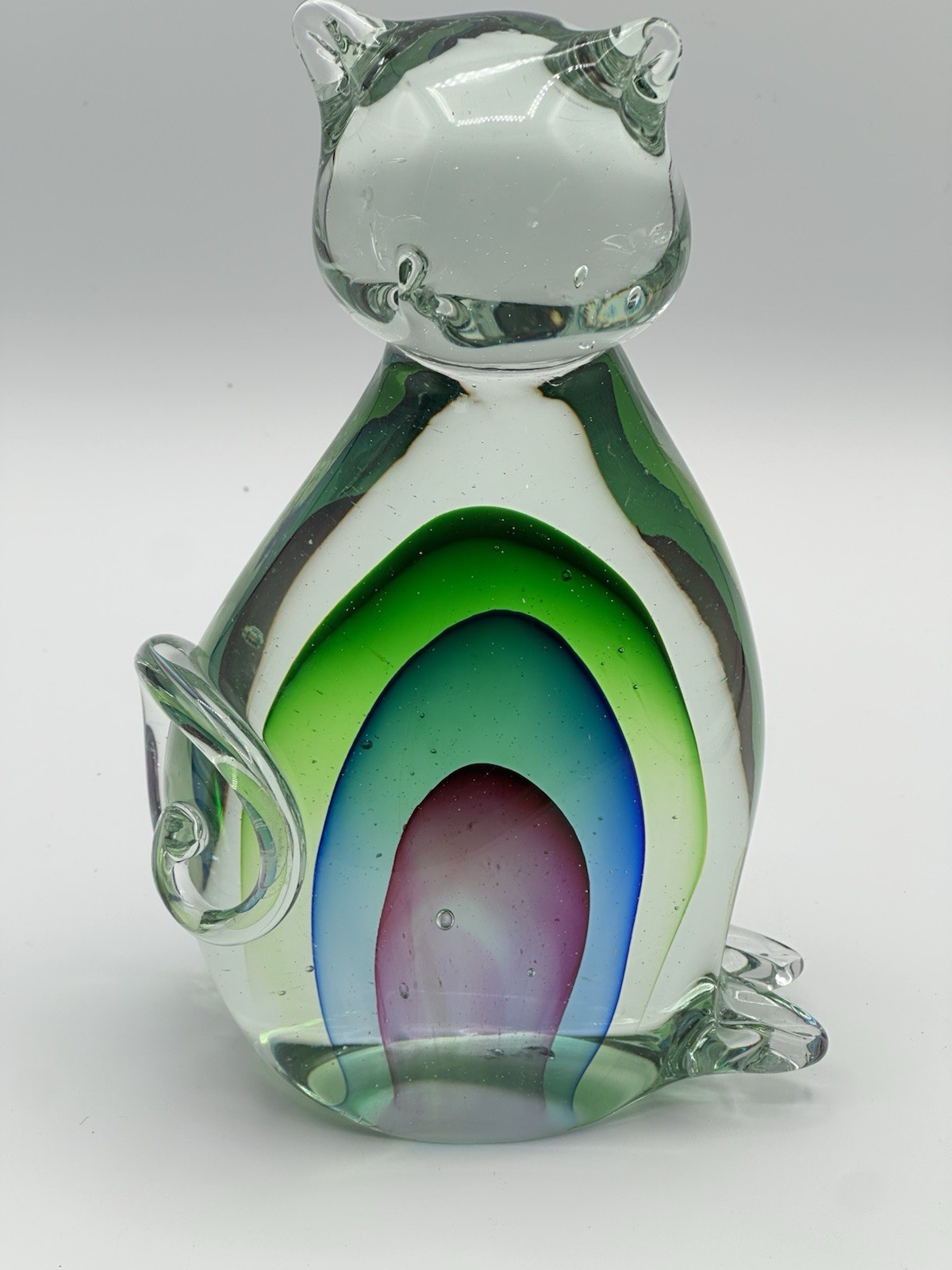 Sommerso Art Glass Cat Sculpture 7 5/8” Tall Burgundy Blue Green In Clear