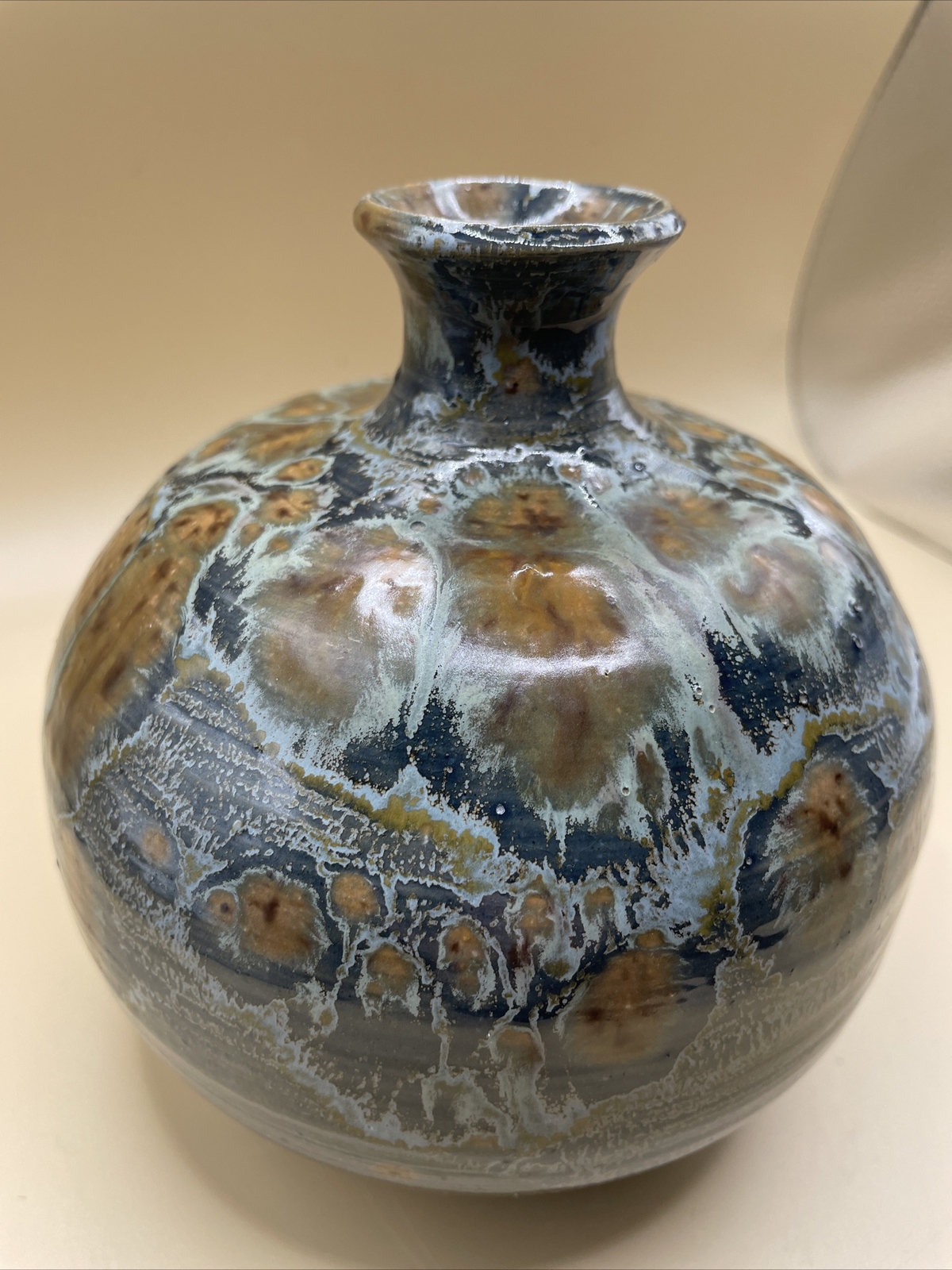 Art Pottery Round Bud Vase Brown/Blue/Gray Spotted Signed- Home Table Decor