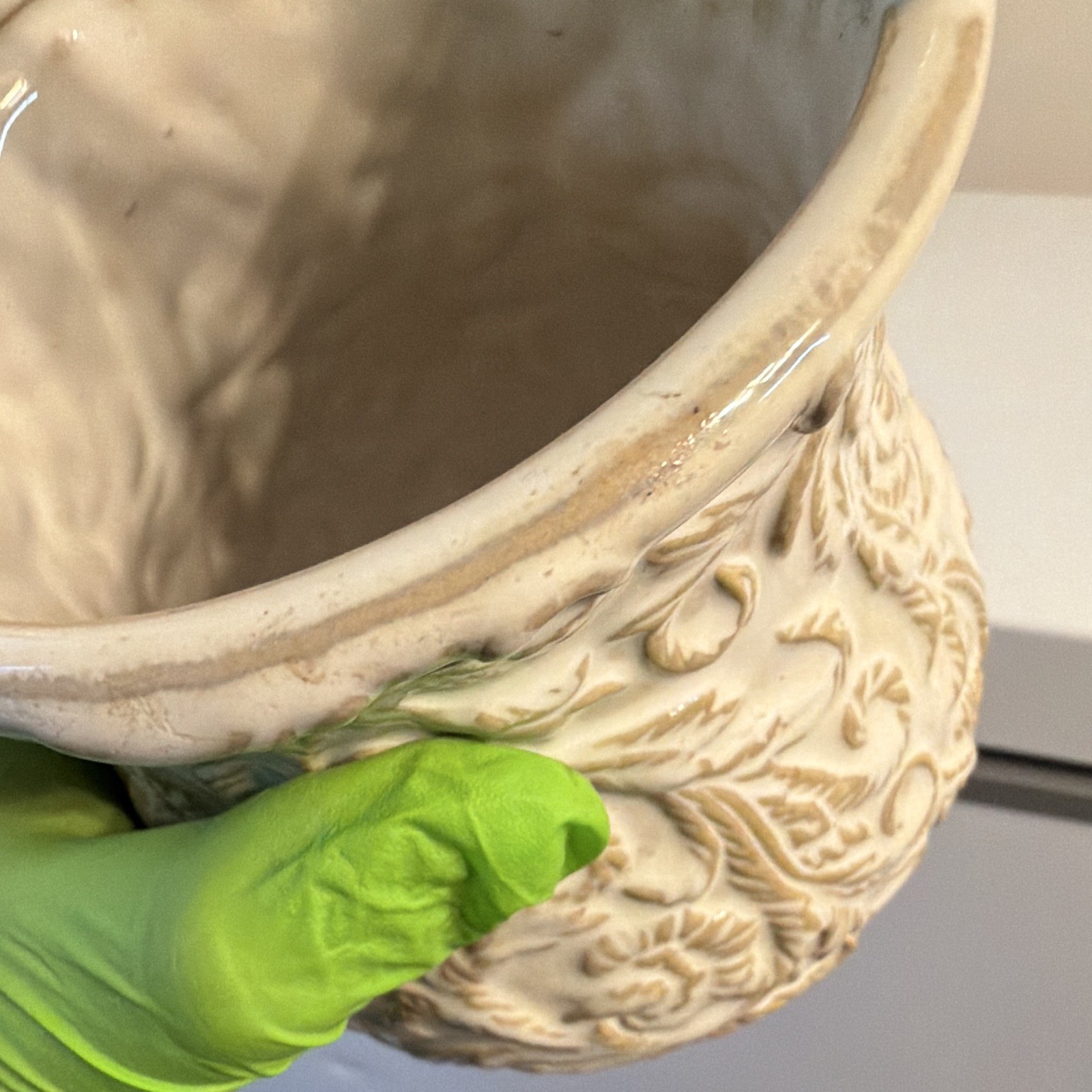Umbria Ceramic Floral Embossed Decorative Basket Handle White/Beige 9” 9702