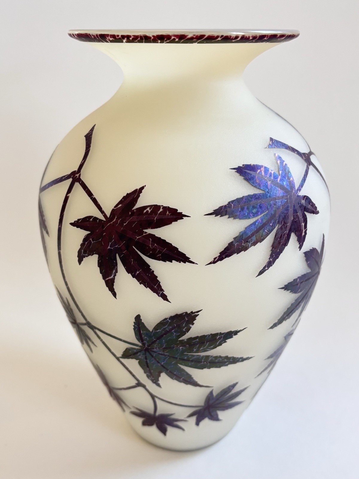 Phyllis Polito Art Glass Vase 9” Leaves Cameo Iridescent Zellique Studio