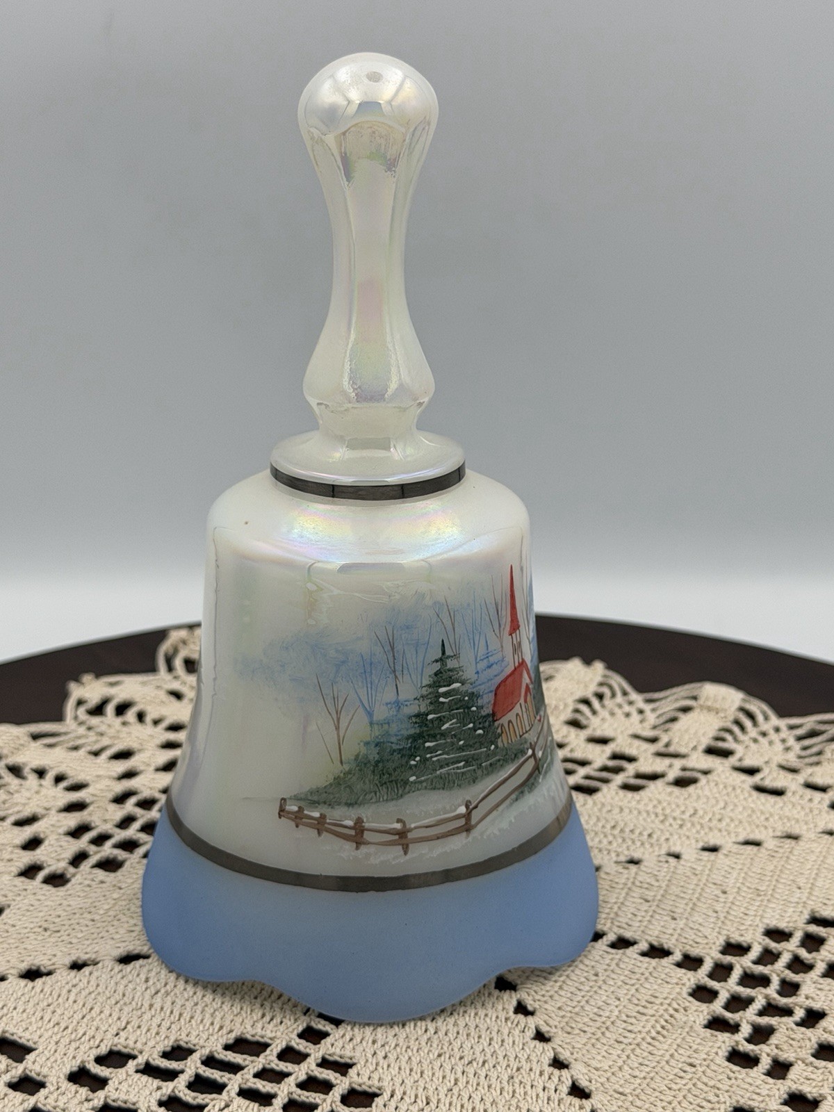 Fenton Winter Scene Christmas Iridescent Bell 1990 Hand Painted D. Fredrick