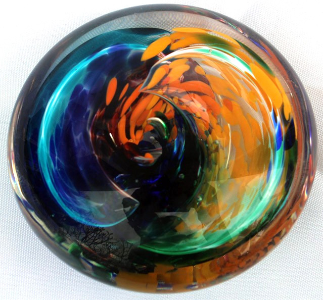 Signed Jim Karg_Art Glass_Paperweight_Blue Yellow Orange Green Swirl 3.5″ Wide