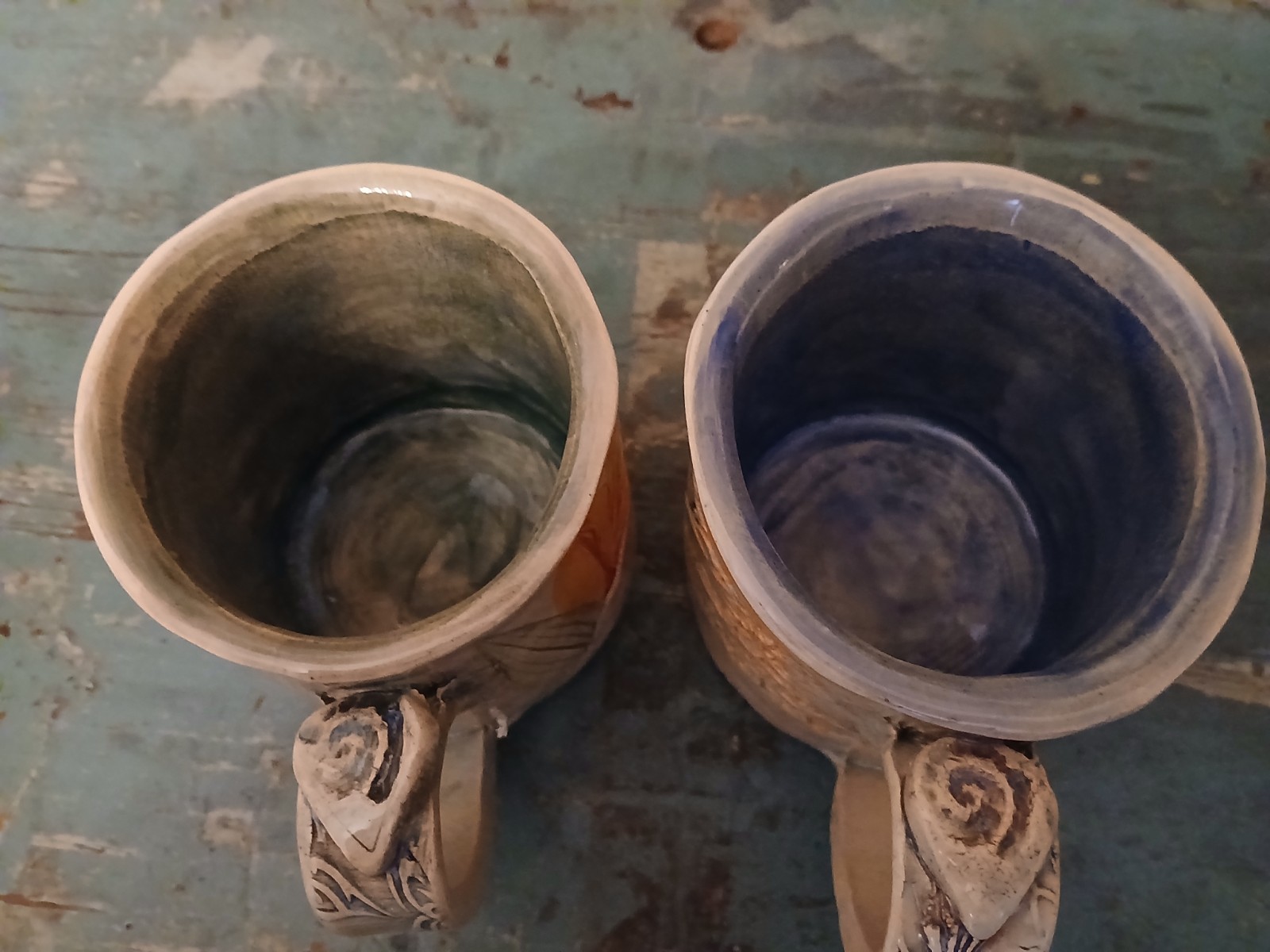 2 Handmade Pressed Flower Herb Pottery Mugs Gives Fossilied Effect. Unique NOS