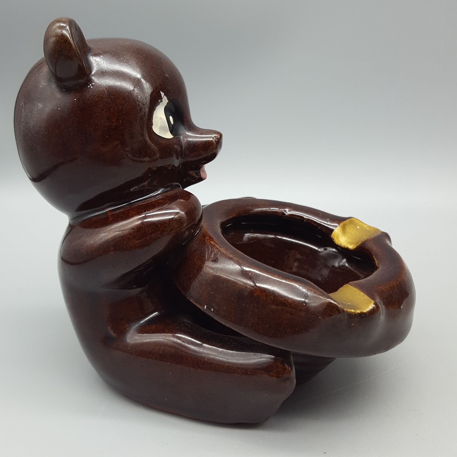 Redware Anthropomorphic Brown Angry Teddy Bear Ashtray 4.5″ Tall, 2-Slot Japan