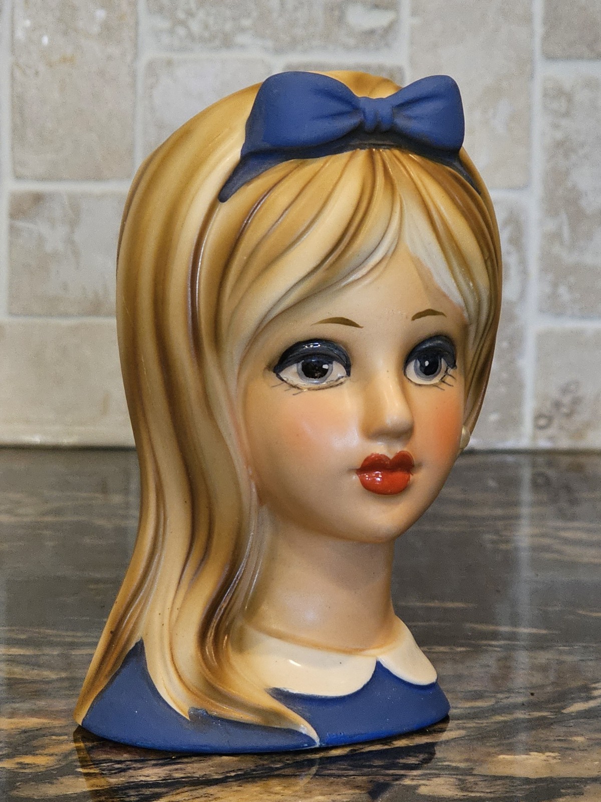 Pristine Vintage 1950s Japan Lady Head Vase Blue Bow Blonde Hair CB493 5.5 in