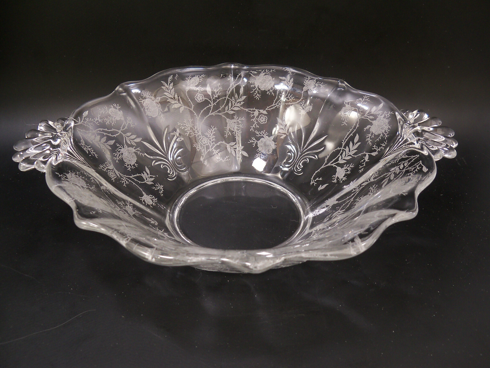 Fostoria Baroque Etched Rose Handled Crystal Glass Bowl