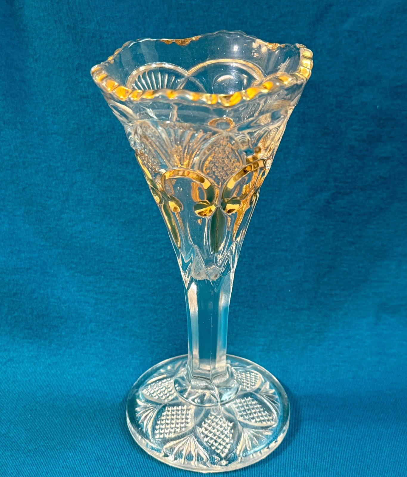 EAPG Small 6” Clear Pressed Glass Trumpet Vase Balder Pattern Gold Trim U.S. Gl