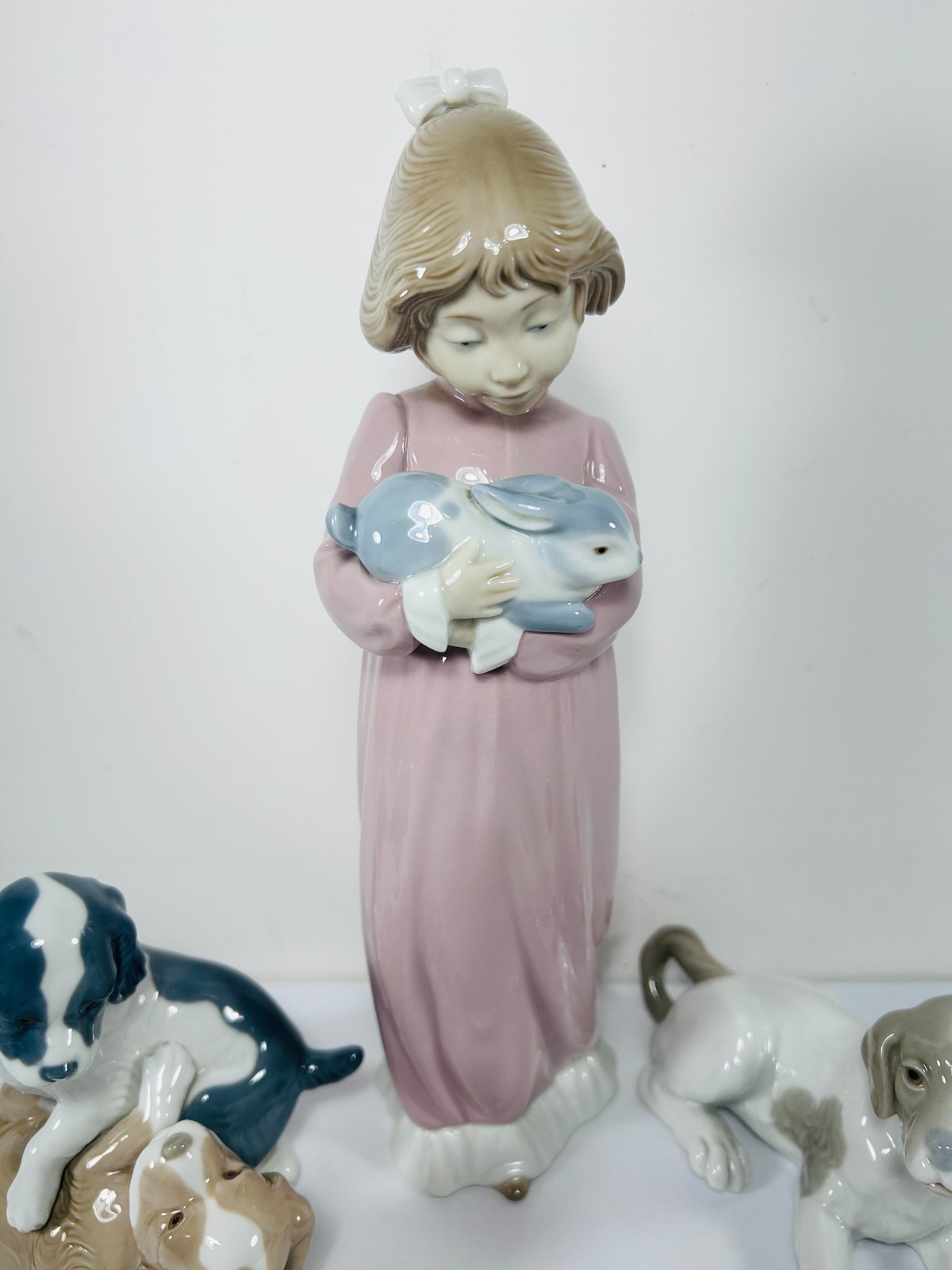 (3) LLADRO / NAO Figures Puppies Playing Hound Dog Girl Rabbit Bunny Spain