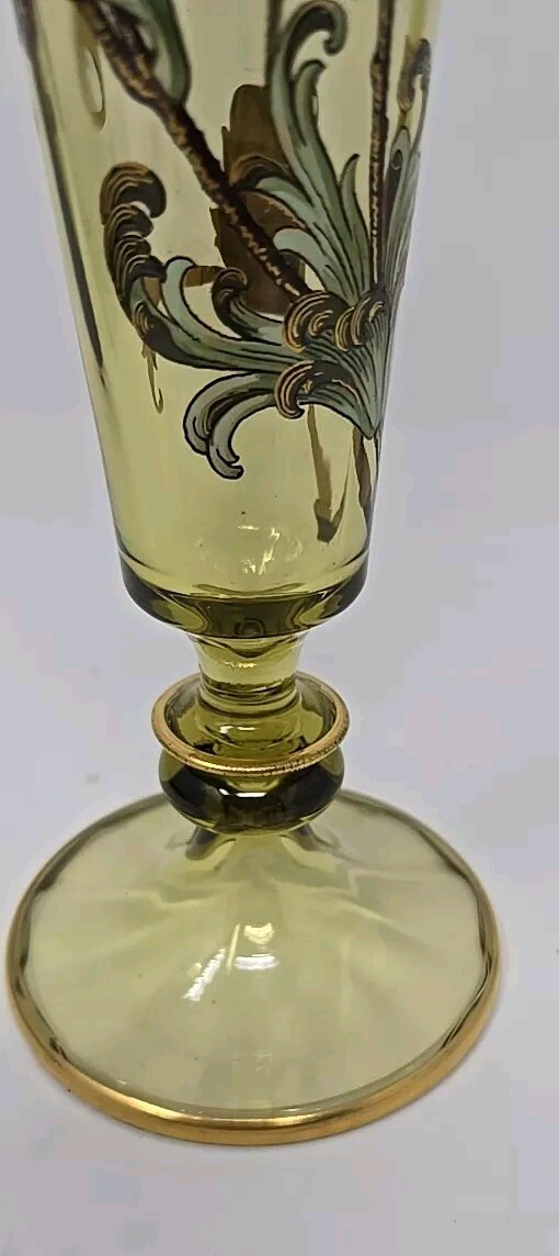 Theresienthal Moser Style Chartreuse Optic Molded Enamaled Floral Vase 11″