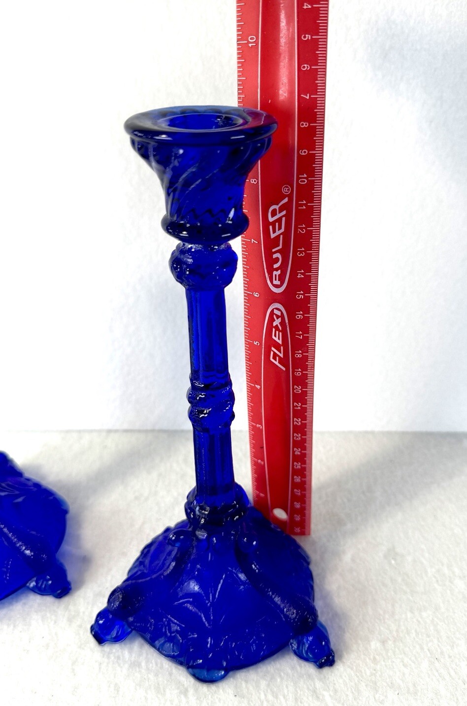 Portieux Vallerysthal Cobalt Blue Glass Candlestick Pair 9″ Vintage
